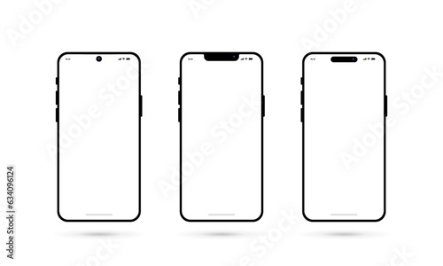 Smartphone mockup white screen. Mobile phone 3 style camera. Vector illustration.