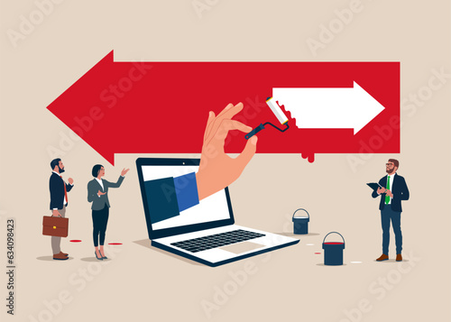 Business people at work with a roller painting a white arrow change to opposite direction. Decision to change to better opportunity. Vector illustration