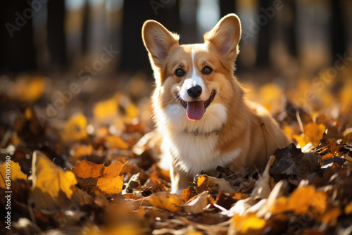 Happy dog of welsh corgi pembroke breed on a walk in an autumn forest
