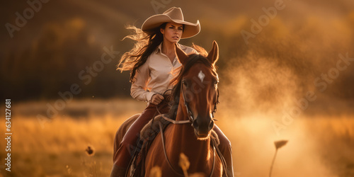 cowgirl in riding clothes, in the field, beautiful and fit woman