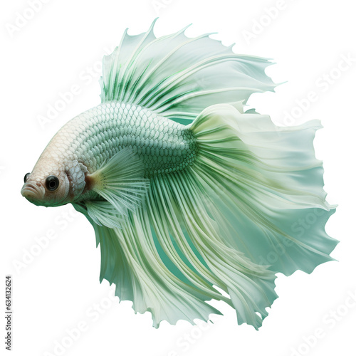 Green and white halfmoon betta fish in a side view photo collage isolated on a transparent background