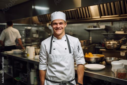 chef cuisinier avec sa toque blanche dans sa cuisine, posant devant les fourneaux