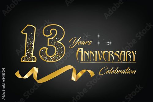 Celebrate the 13th anniversary with gold letters, gold ribbons and confetti on a dark background