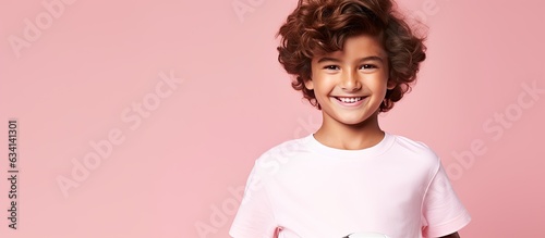 Arabic boy holding soccer ball in pink background with space