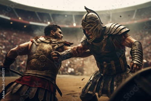 A ferocious gladiator wearing armored Roman gladiator at the Ancient Rome gladiatorial games in the coliseum