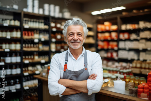 Senior Shopkeeper Proud of His Gourmet Product Store.