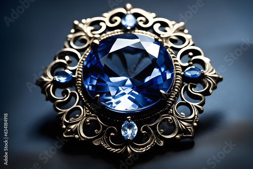 Vintage brooch with large light blue sapphire. Fine jewelry with a transparent stone
