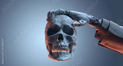 Detailed 3d render of Robot standing against mankind, Cybernetic arm in sleeve of business suit holding human skull. Evolution of Artificial intelligence concept. Machine learning evolving