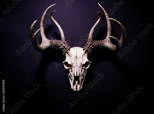 Fictional animal skull with dear antlers, isolated on dark purple wall. AI generated digital design.