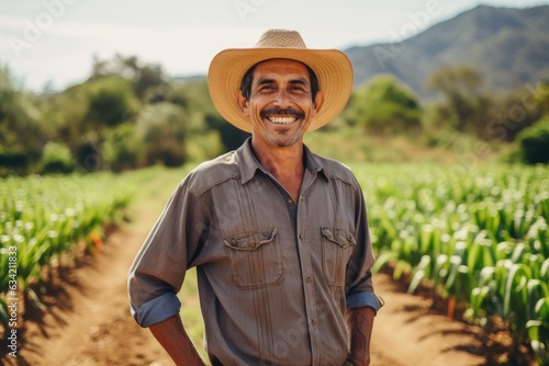 Middle aged latin male farmer working on a farm field smiling portrait