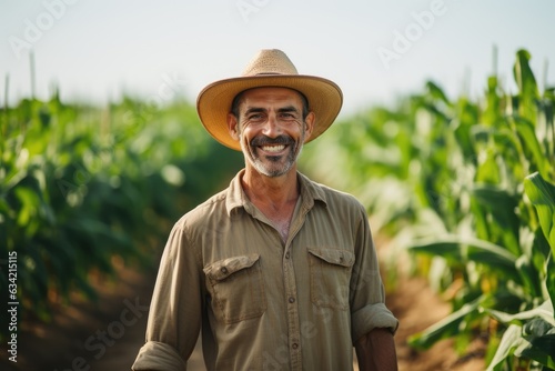 middle aged male mexican farmer smiling and working on a farm field portrait