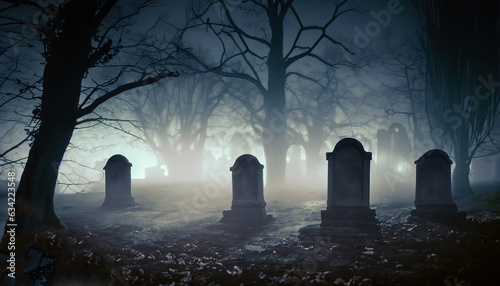 Creepy atmosphere in the cemetery with tombstone in the night, fog and trees that live twigs
