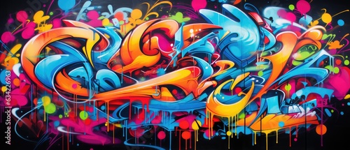 Vibrant colors come alive in this street art mural, expressing the artists creativity through a mix of text and graffiti. Full Frame,