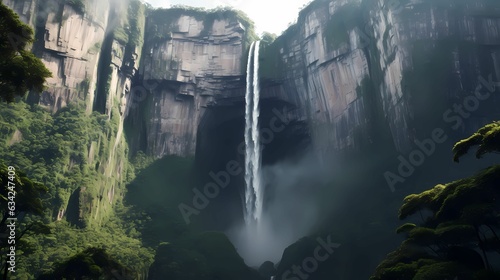 Angel Falls , the world's tallest waterfall, Angel Falls, as it cascades down the Tepui cliffs surrounded by lush rainforest, highlighting the sheer height and natural beauty