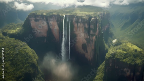 Angel Falls , the world's tallest waterfall, Angel Falls, as it cascades down the Tepui cliffs surrounded by lush rainforest, highlighting the sheer height and natural beauty