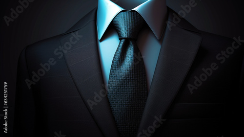 Black business suit with a tie. Male jacket with shirt and tie close up