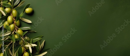Olive background with lots of green leaves, empty space. Generated by AI