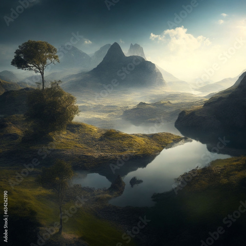 Fantasy landscape with fog and trees in the meadow. Retro style.ai generated