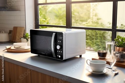 A sleek white and black microwave in a contemporary kitchen, Generative Ai