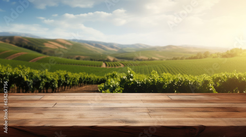 Empty wood table top with on blurred vineyard landscape background, for display or montage your products. Agriculture winery and wine tasting concept. digital ai art, Generative Ai