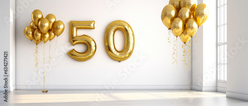  Number 50, fifty years, with golden balloons in empty luxury white apartment. Balloons style font. Anniversary. Birthday surprise celebration concept with copy space. Photo zone. Generative ai