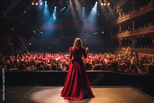 Female singer in red dress standing in front of audience at concert hall, An opera singer full rear view singing in front of large audience, AI Generated