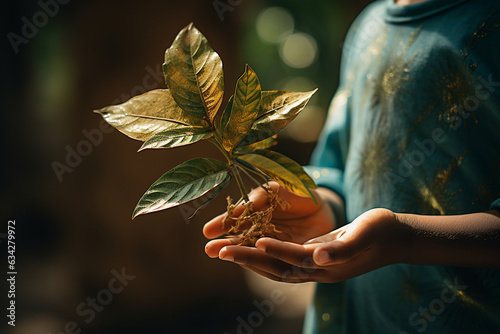 close-up of a child's palm holding a delicate flower or exploring the textures of leaves, reflecting their innate curiosity 