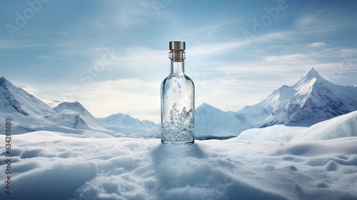  a bottle of water sitting on top of a snow covered ground. generative ai