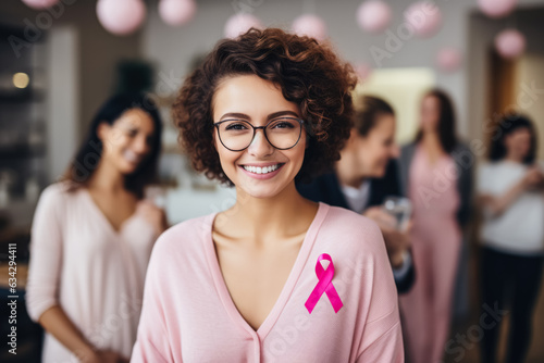 A brave woman smiling with her support group celebrating her victory over breast cancer 