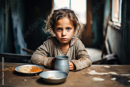 Hungry starving poor little child looking at the camera 