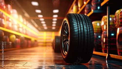 Tires in a tire store, Spare tire car, Seasonal tire change, Car maintenance and service center.Generative ai