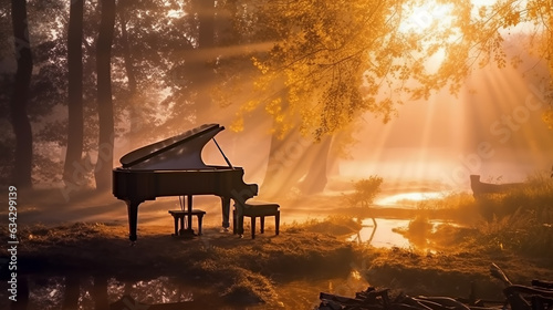 piano in autumn park morning landscape sound concert.