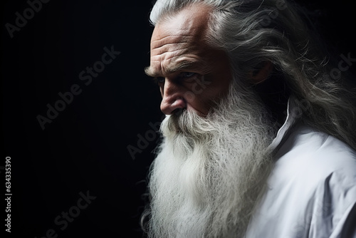 Portrait of wise serious focused old man with gray beard on dark background, strong confident senior man in white robe looking away