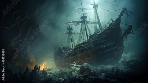 Haunted Shipwreck: A ghostly shipwreck emerging from the mist, with eerie apparitions aboard, creating a maritime Halloween tale 