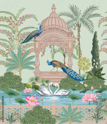 Mughal garden, peacock, swan, arch, temple, bird and lake with lotus vector illustration for wallpaper