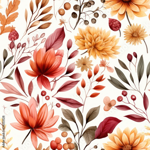 Watercolor seamless pattern with fall flowers and leaves, pressed flower autumn watercolor illustration with a light beige background, unique floral graphic design