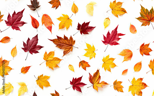 Leaves in warm fall colors like orange, yellow, brown and red. Isolated on a white background. Concept of fall season. Repeatable pattern.
