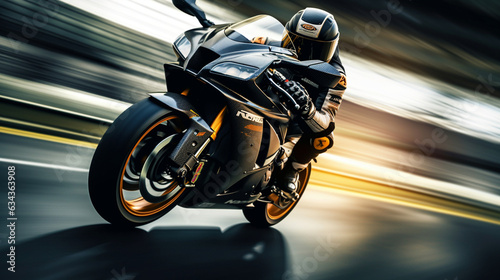 The motorcycle rider racing on a track with a blurred background, emphasizing the intensity of their speed and focus 