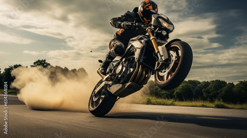 The motorcycle's front wheel lifting off the ground during an exhilarating wheelie, showcasing controlled acceleration 