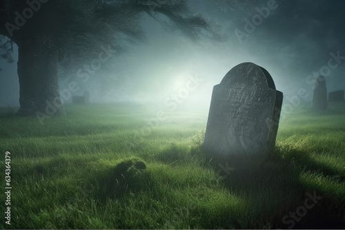 A lone, unidentified gravestone stands in an old cemetery at night lit by a moonlight