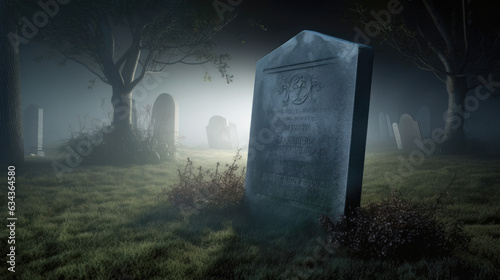 A lone, old unidentified gravestone stands in the moonlight against a backdrop of fog-shrouded tombs and shadowy trees