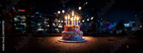 Schöne Geburtstagstorte mit Kerzen und Lichter Bokeh im Hintergrund, ai generativ