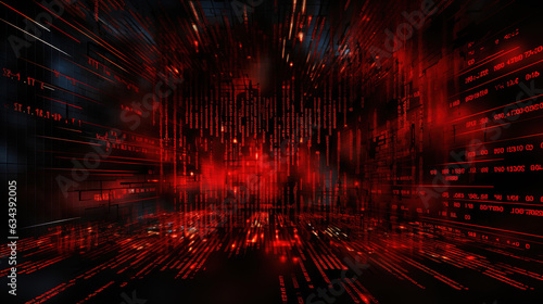 Red, abstract binary code elements on a dark screen, illustrating the concepts of malware, ransomware, and cyber attacks. Background design that includes copy space for added content