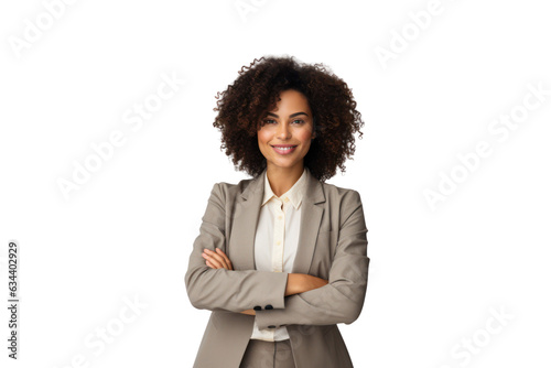 Business woman portrait isolated on white transparent background, Afro businesswoman in suit, crossed arms, PNG