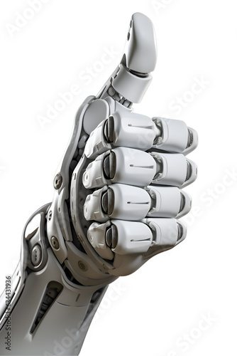 white robotic hand giving a thumbs up on isolated transparent background