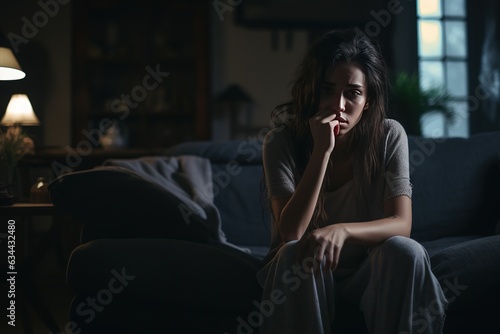 Generative by AI. Sad woman suffering depression insomnia awake and sit alone in the living room. sexual harassment and violence against women, health concept.