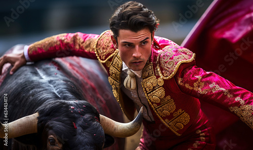 Corrida or Bullfight in Spain. Spanish bullfighter in the bullfighting arena. Spanish bullfighting bull and matador. digital ai