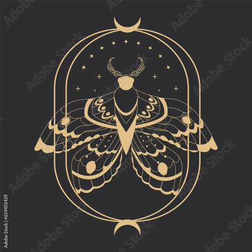 Magic mystic moth silhouette golden line art isolated, boho celestial esoteric symbol, tatoo or print on dark background