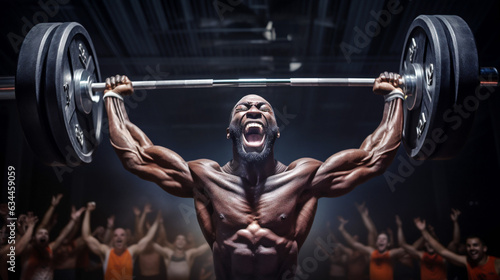  African American athlete holds the barbell overhead, a joyful expression on his face, cheering fans around him. Weightlifting World Cup 2023. Banner. Generative Ai content.