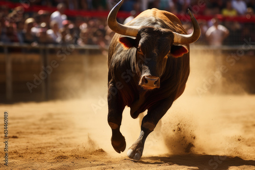 Angry bull with big horns running in Spanish bullring. Spanish bull in traditional sperformance of bullfight